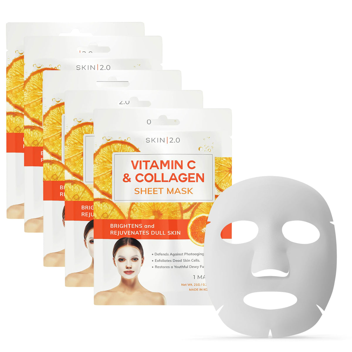 Skin 2.0 Vitamin C & Collagen Sheet Mask - Anti-Aging, Wrinkle & Age Spot Reducer, Hydrating & Moisturizing - Dermatologist Tested Korean Skincare, Clean Beauty, Cruelty-Free, All Skin Types - 5 Masks