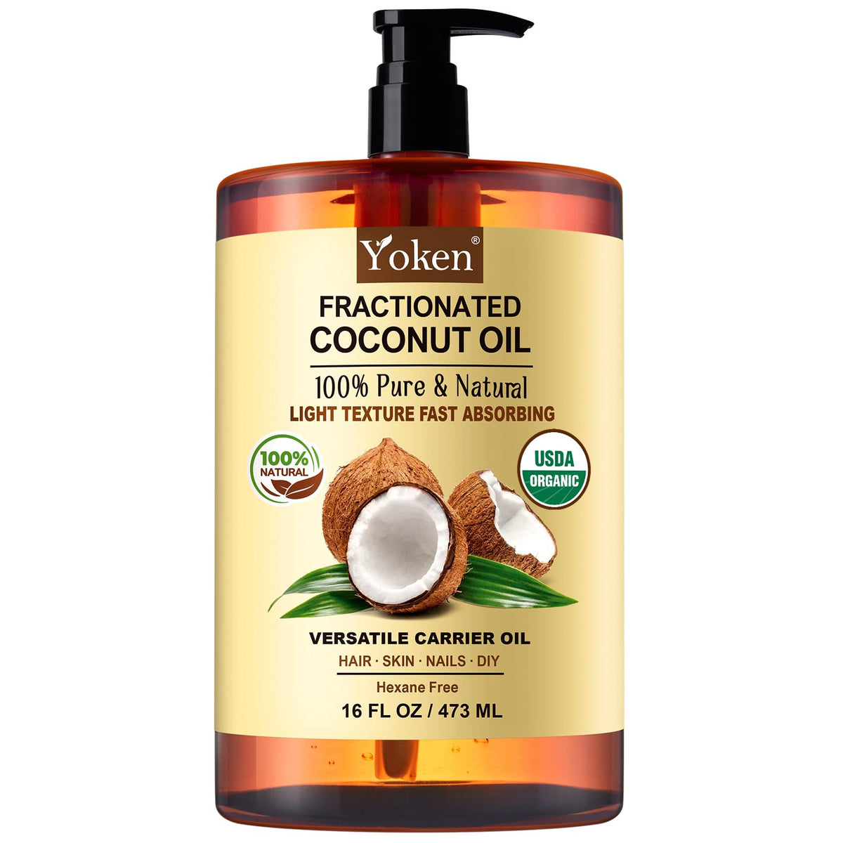 Yoken Fractionated Coconut Oil 16oz, USDA Organic Carrier Oil for Skin