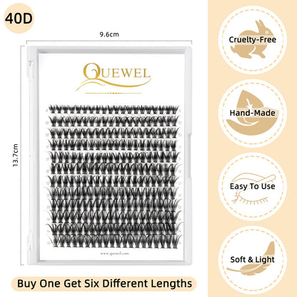 QUEWEL Cluster Lashes 240Pcs Individual Lashes 40D 0.07D Curl Mix8-14mm Lash Extensions Clusters Lash Soft&Natural False Eyelashes Individual DIY Eyelash Extension at Home(40D 0.07D MIX8-14)