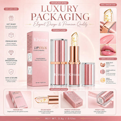 Kivora Lipstick（2 Pack）,Latest Rose Gold Kivora Lipstick for Mature Lips,PH Lipsticks Color Changing, Long Lasting Moisturizing Tinted Lip Balm