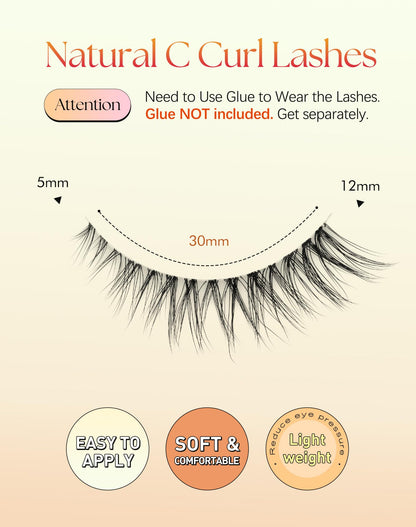 Natural Lashes Cat Eye 12MM False Eyelashes Wispy Lash Strips C Curl False Lashes Natural Look with 0.1MM Clear Band 3D Volume Strip Eyelashes Pack ChirpyLuna 7 Pair