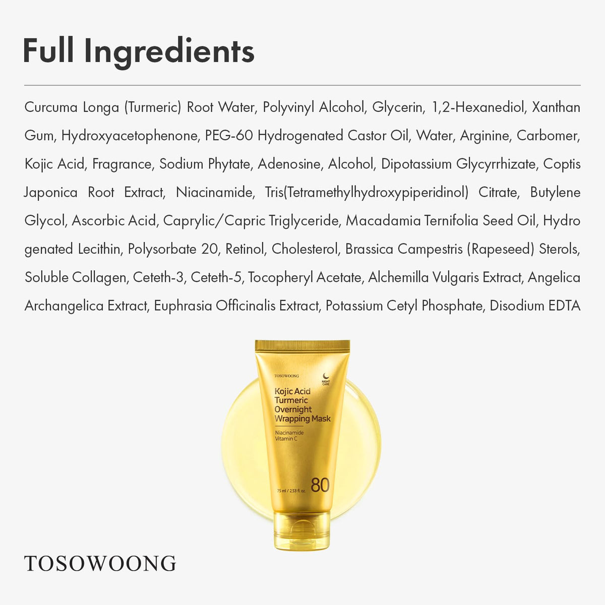 TOSOWOONG Kojic Acid Turmeric Overnight Wrapping Mask for Dark Spots, Glow