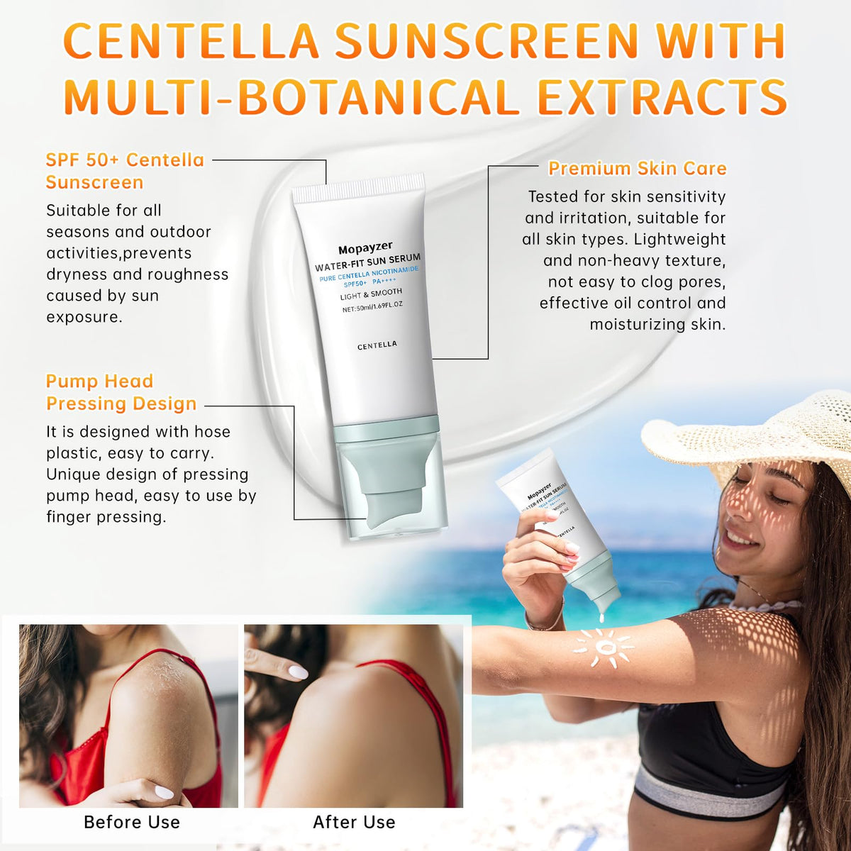Centella Sunscreen SPF 50, Hyalu Cica Sunscreen for Face, Water Resistant Strong UV Protection No White Cast, Madagascar Face Sun Screen Oil Free, Water Fit Sun Serum(Blue 1)