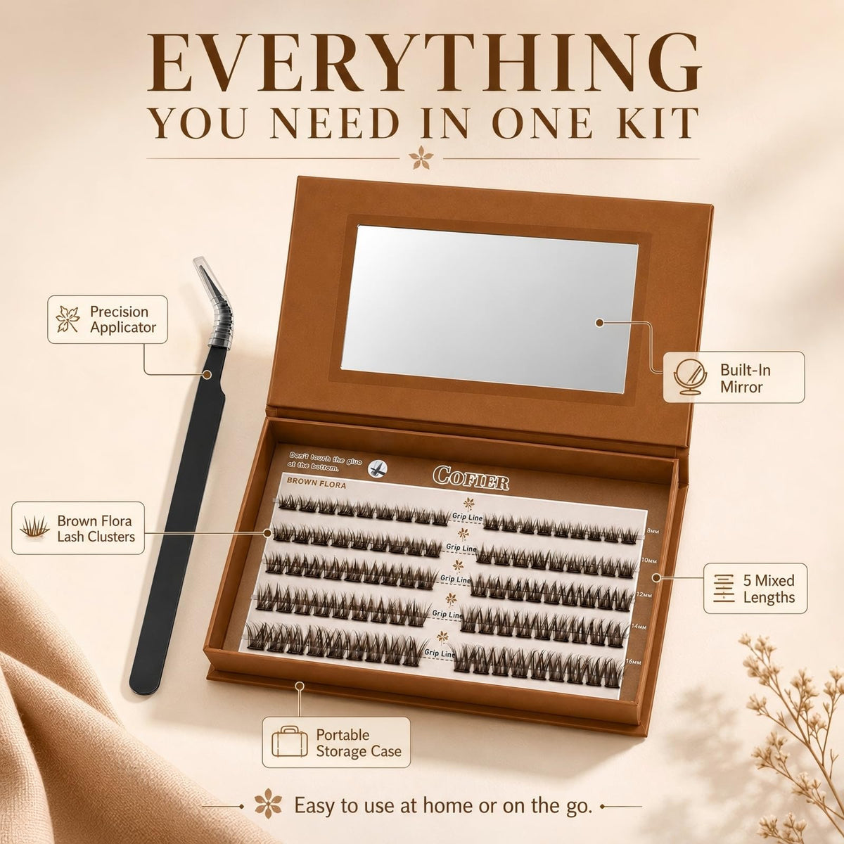 Pre Glued Wispy Lash Clusters Kit, 90 Pcs Individual Eyelash Clusters (Brown 8-16mm/C Curl) - Lash Extension Kit with Eyelashes Tweezers and Clips, Natural Fake Lashes No Glue Need, Beginners Friendly