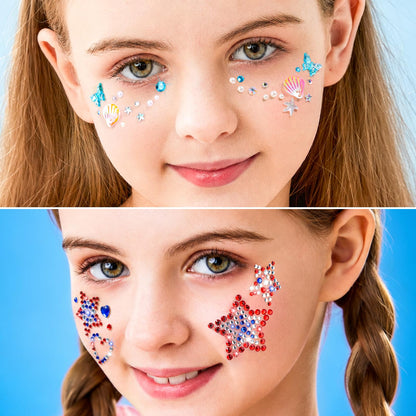 FANDAMEI Face Gem Stickers, 15 Sheets Self Adhesive Face Gems, Bedazzling Rhinestone Stickers for Face Body Hair Nail Art, Multi-Style Sticker Gems Jewel Stickers for Kids Women Halloween Make Up