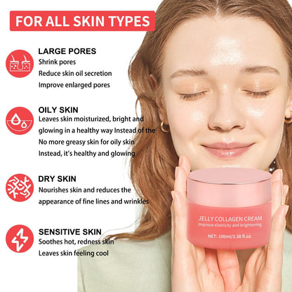 Collagen Jelly Cream - Contains Niacinamide & Freeze Dried Hydrolyzed Collagen -Elasticity & Hydration - Reduce Fine Lines & Dullness - Korean Glass-Shiny Skin Suitable for All Skin Types (3.38 Fl.Oz)