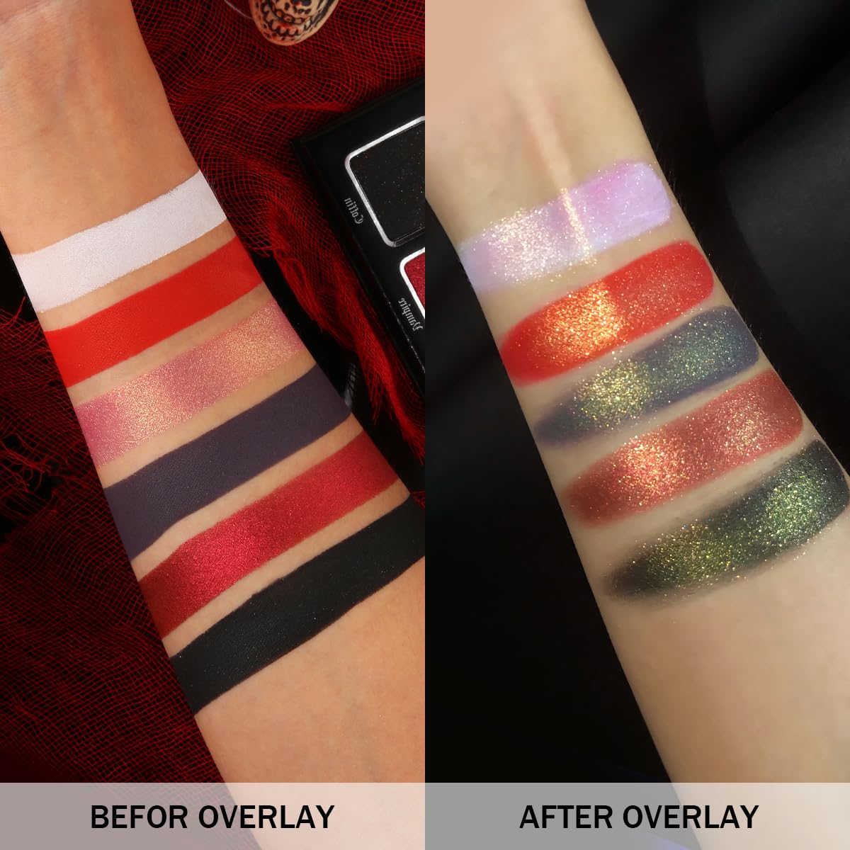 Black Red Eyeshadow Palette, Highly Pigmented True Red White Dark Grey Goth Smoky Eyeshadow Palette, 6 Color Matte Shimmer Burgundy Metallic Halloween Makeup Palette for Zombie Vampire Clown,Blendable