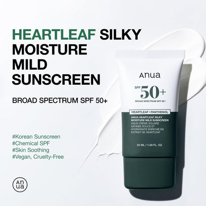 Anua Heartleaf Silky Moisture Mild Sunscreen, Broad Spectrum SPF 50+ with Moisturizing Formula, Lightweight Korean Sunscreen, Natural finish, Vegan, korean skin care 50ml / 1.69 fl. oz.