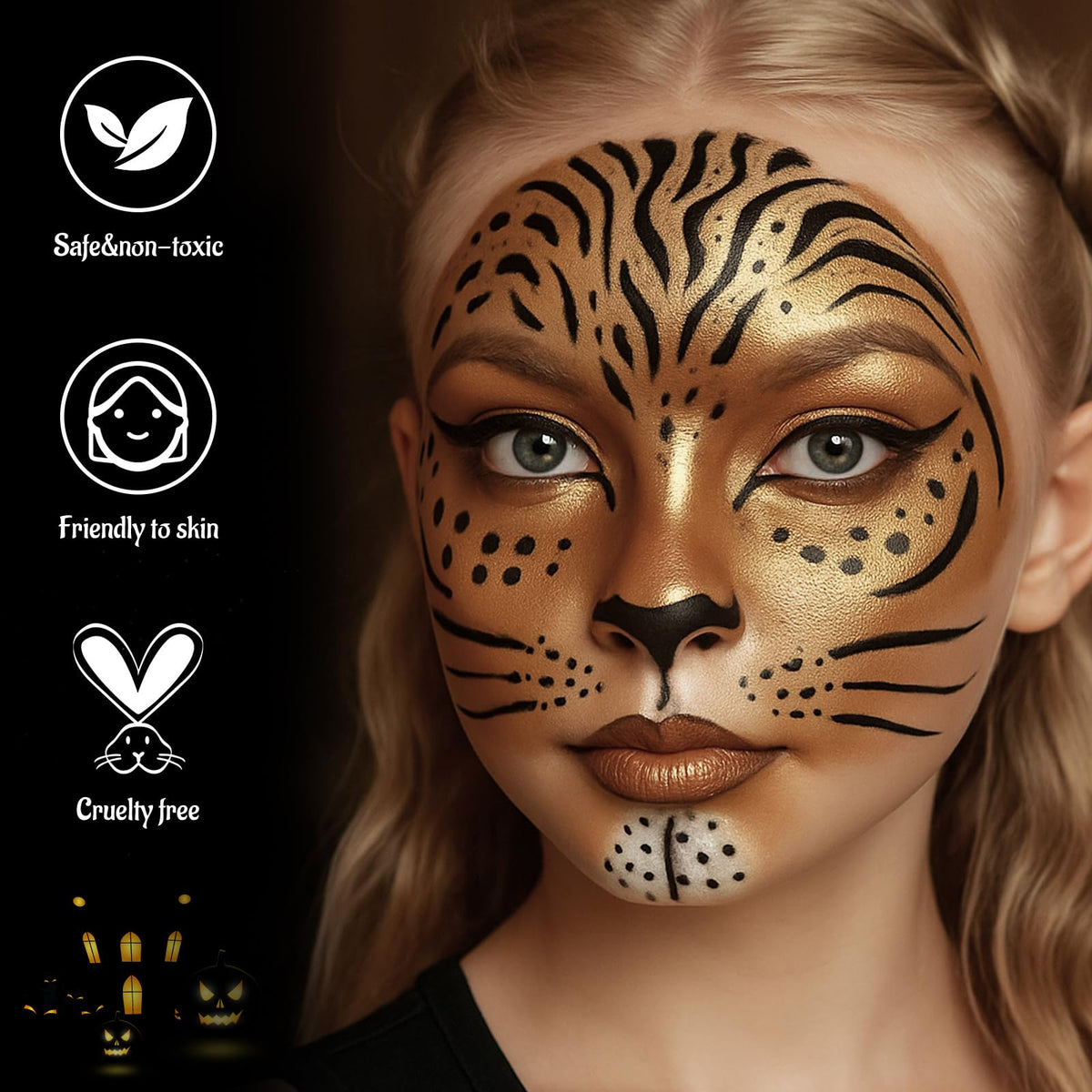Black White Metallic Brown Face Body Paint with Applicator, Oil Based Face Painting kit for Halloween Leopard, Tiger, Cheetah, Cat Makeup, Cosplay, Costume, Theme Parties, Dress Up