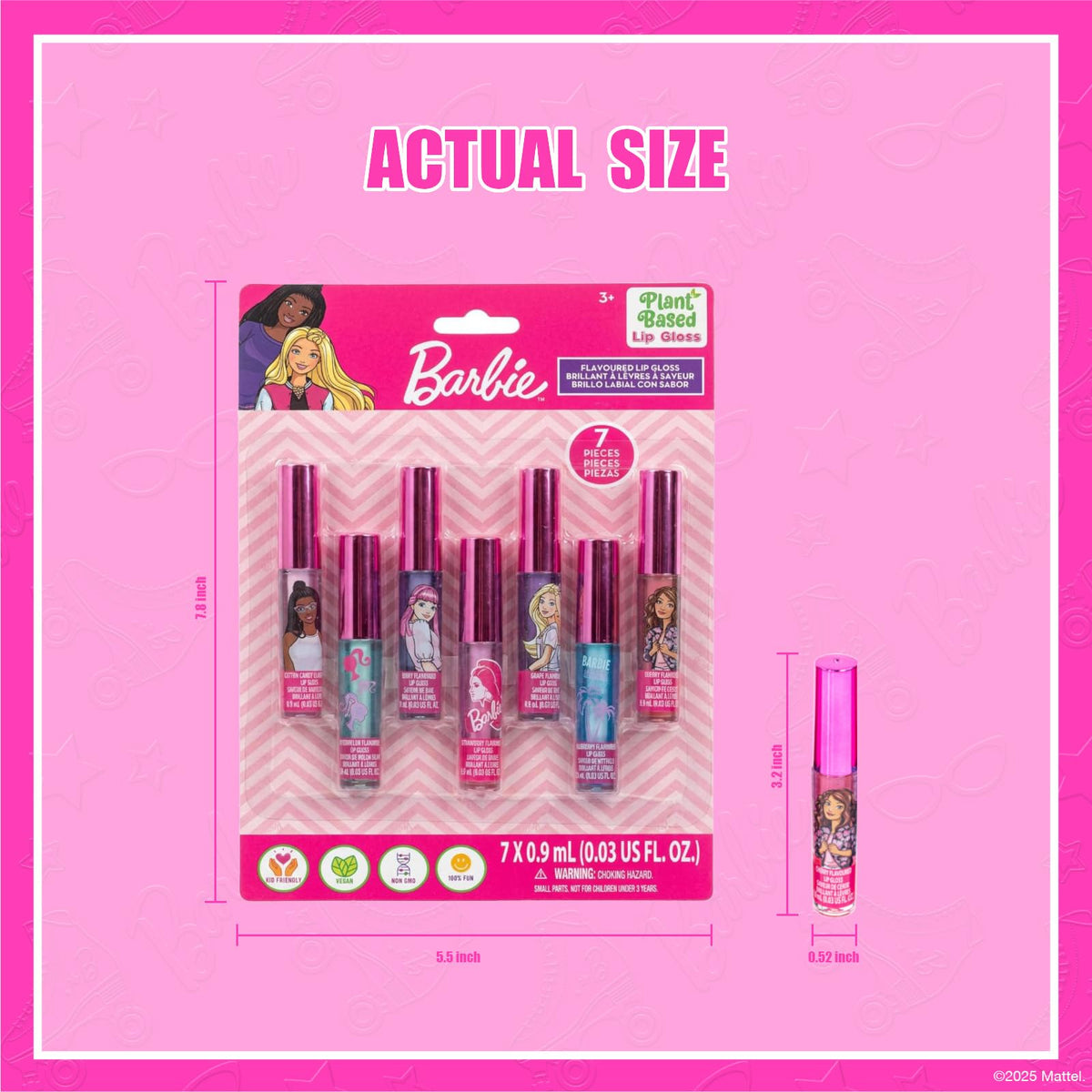 Barbie Lip Gloss Set, 7-Piece Plant-Based, Ages 3+