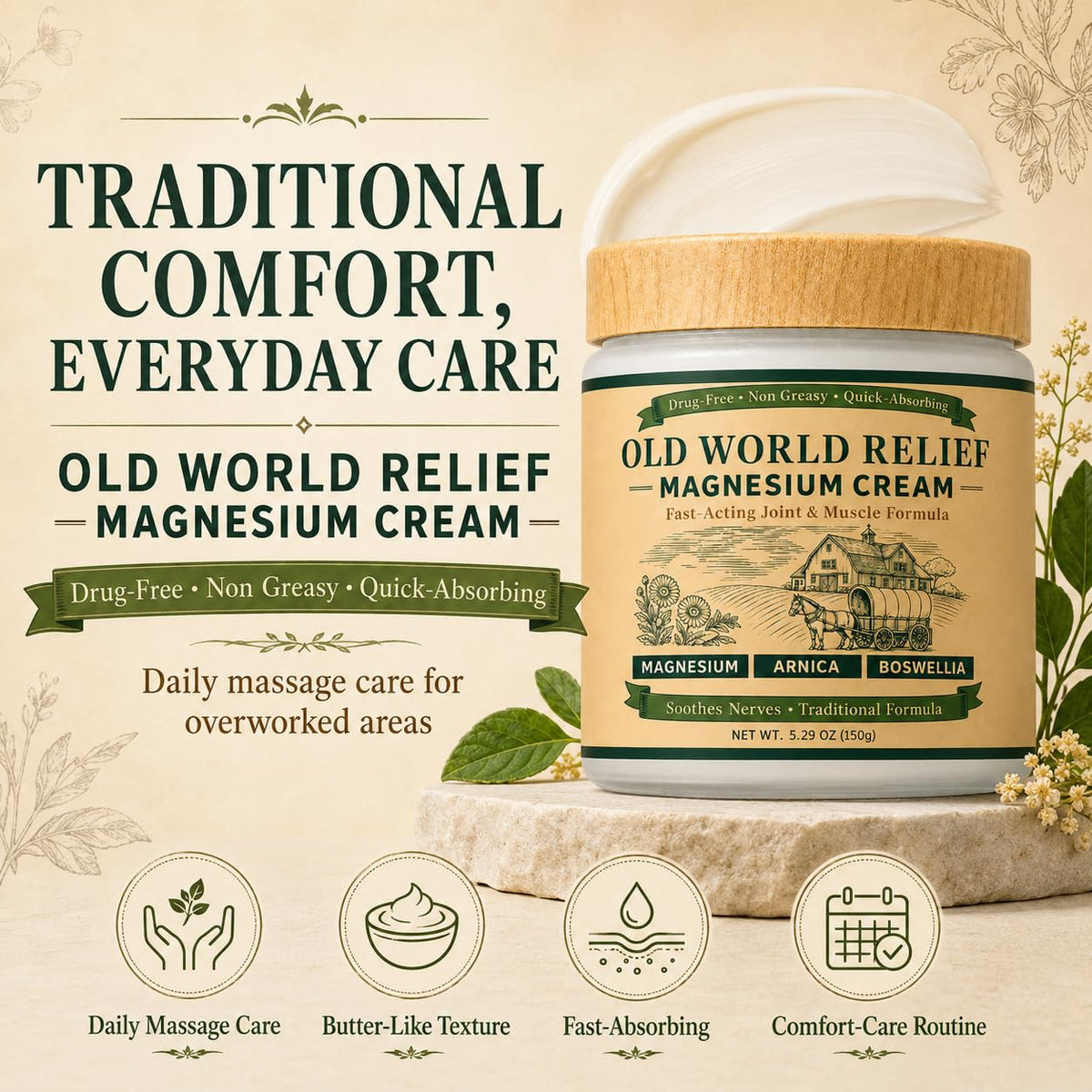 OLD WORLD RELIEF Magnesium Amish Cream, Total Nerve Soothing Formula Magnesium Lotion with Arnica, Boswellia, Arnica ＆ MSM, 150g(1)