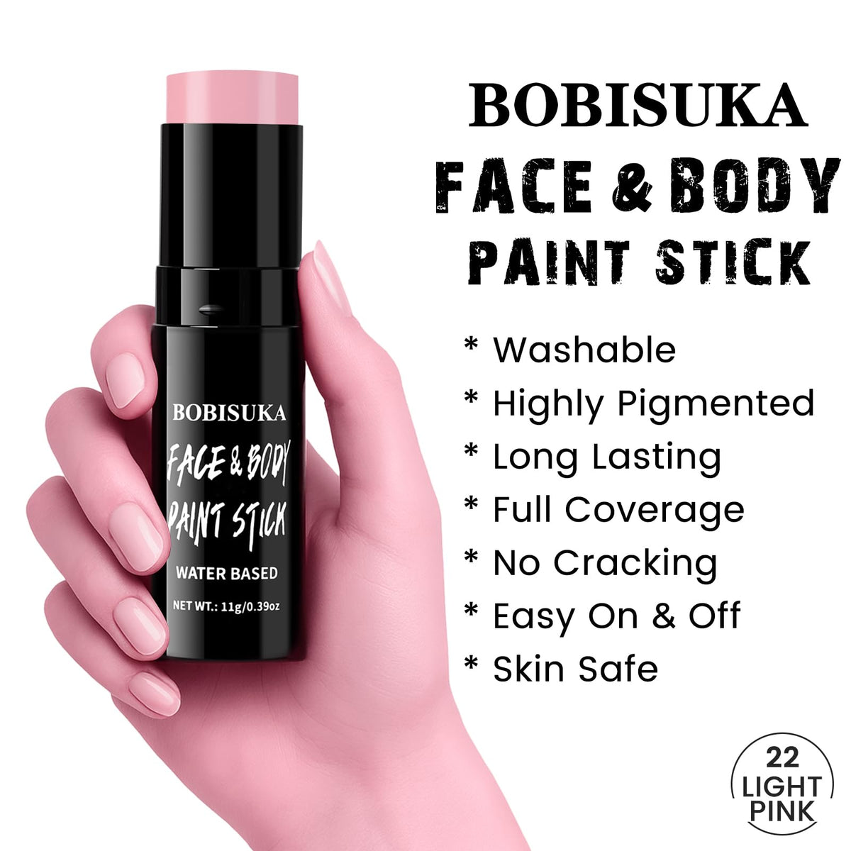 BOBISUKA Light Pink Face Paint Stick, Highly Pigmented Full Coverage Washable Cream Face & Body Paint for Halloween Doll Sugar Skull Unicorn Panther Clown Cosplay SFX & Costume Party