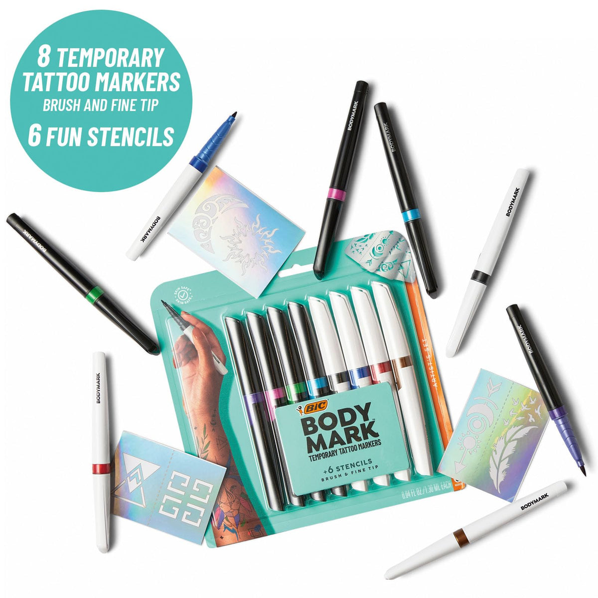 BIC BodyMark Temporary Tattoo Markers for Skin, 8-Count Pack, Mixed Tip