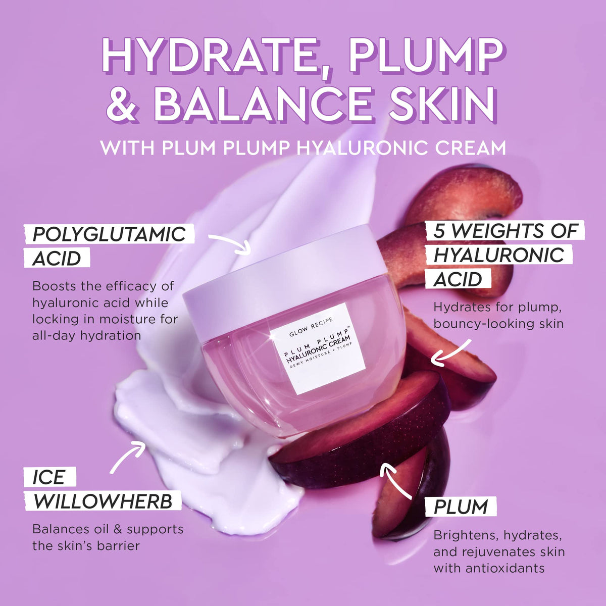 Glow Recipe Plum Plump Hyaluronic Acid Face Cream, Refill - Hydrating, Firming & Plumping Facial Moisturizer for Women & Men - Korean Skin Care with Polyglutamic Peptides for Dry Skin Wrinkles (50ml)