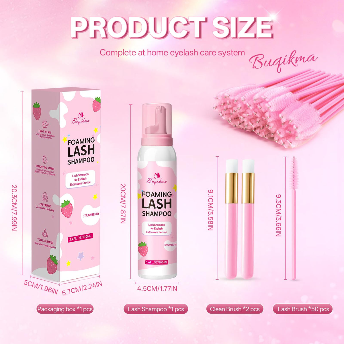 Buqikma Pink Foaming Lash Shampoo Kit Lash Extension Cleanser 3.4Fl Oz
