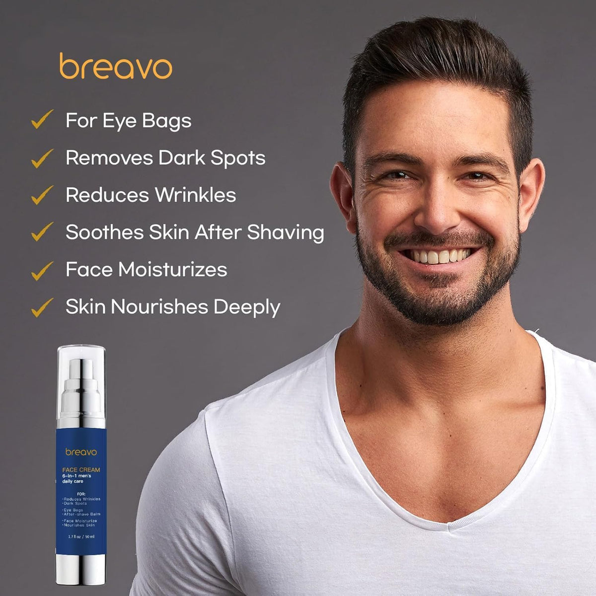 Breavo 6 in 1 Face Cream for Men: 6 in 1 Mens Face Moisturizer, Mens Face Cream Anti Aging - Eye Bags Treatment & Wrinkle Cream for Men 1.7 oz