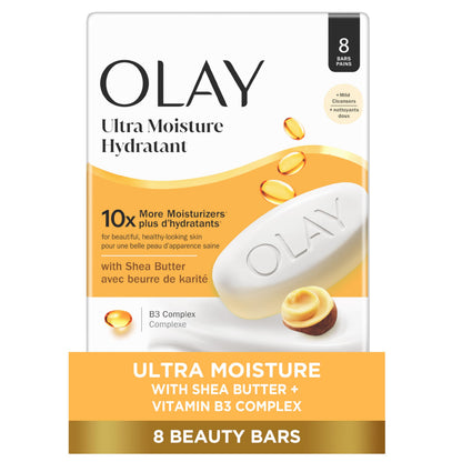 Olay Beauty Bar, Ultra Moisture,10x More Moisturizers, Nourishing Conditioners, Smooth & Gentle on Skin, Vitamin B3 Complex, For All Skin Types, Shea Butter Scent, 3.17 oz, (Pack of 8)