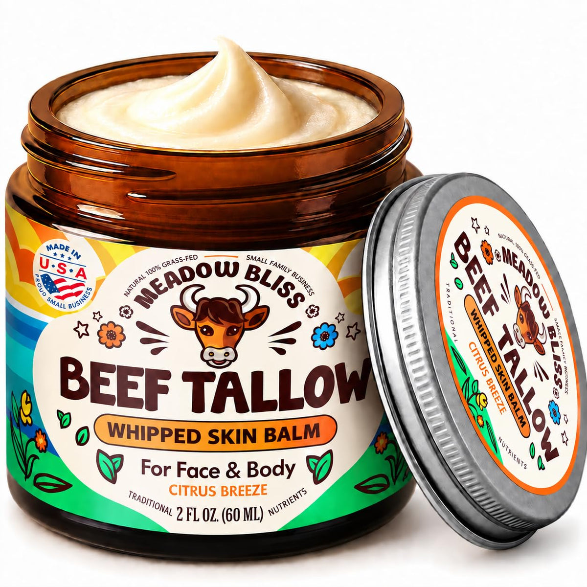 Beef Tallow for Skin - Moisturizer Cream - 100% Grass Fed - Whipped Beef Tallow - Organic Jojoba Oil - Organic Shea Butter - Supports Eczema, Rosacea+ - Made in USA - Citrus Breeze - 2 oz