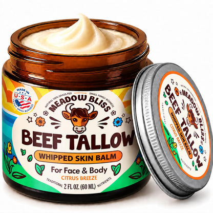 Beef Tallow for Skin - Moisturizer Cream - 100% Grass Fed - Whipped Beef Tallow - Organic Jojoba Oil - Organic Shea Butter - Supports Eczema, Rosacea+ - Made in USA - Citrus Breeze - 2 oz