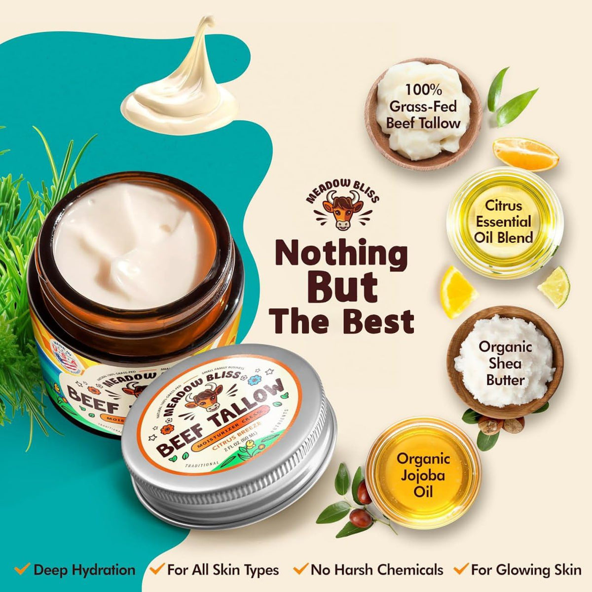 Beef Tallow for Skin - Moisturizer Cream - 100% Grass Fed - Whipped Beef Tallow - Organic Jojoba Oil - Organic Shea Butter - Supports Eczema, Rosacea+ - Made in USA - Citrus Breeze - 2 oz