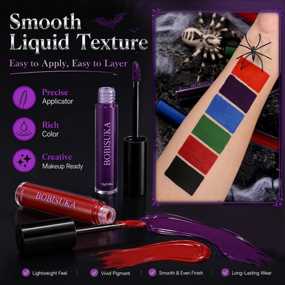 BOBISUKA 6pcs Halloween Liquid Lipstick Set, High Pigmented Bold Matte Black Blue Green Purple Red Lip Gloss Set, Waterproof Smudge-proof Lip Stain Kit for Cosplay Goth Costume Makeup