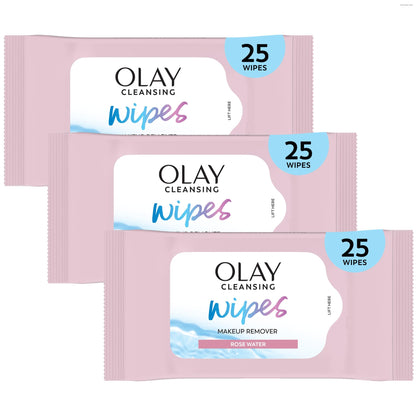 Olay Cleanse Makeup Remover Wipes, Rose Water Scent, Facial Cleansing Wipes Remove Makeup Dirt & Oil, Removes Waterproof Mascara, Soft Cloths for Eyes Face & Neck, No Greasy Residue, 25 Count, 3-Pack