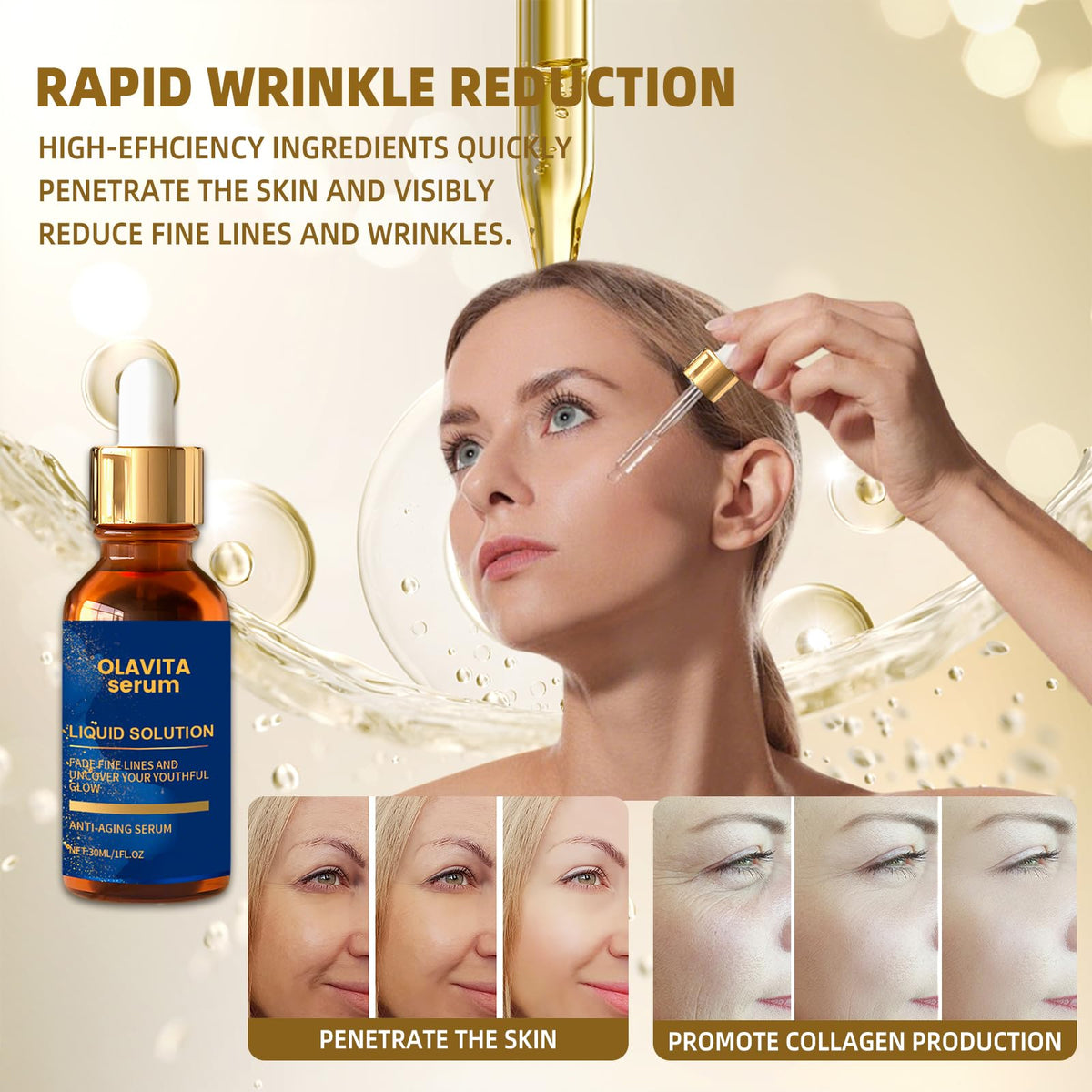 Olavita Liquid Solution Anti Aging Serum, Olavita Serum Vitamin C & E Serum, Promotes Skin Collagen Production, smoothes wrinkles and fine lines (2PCS)