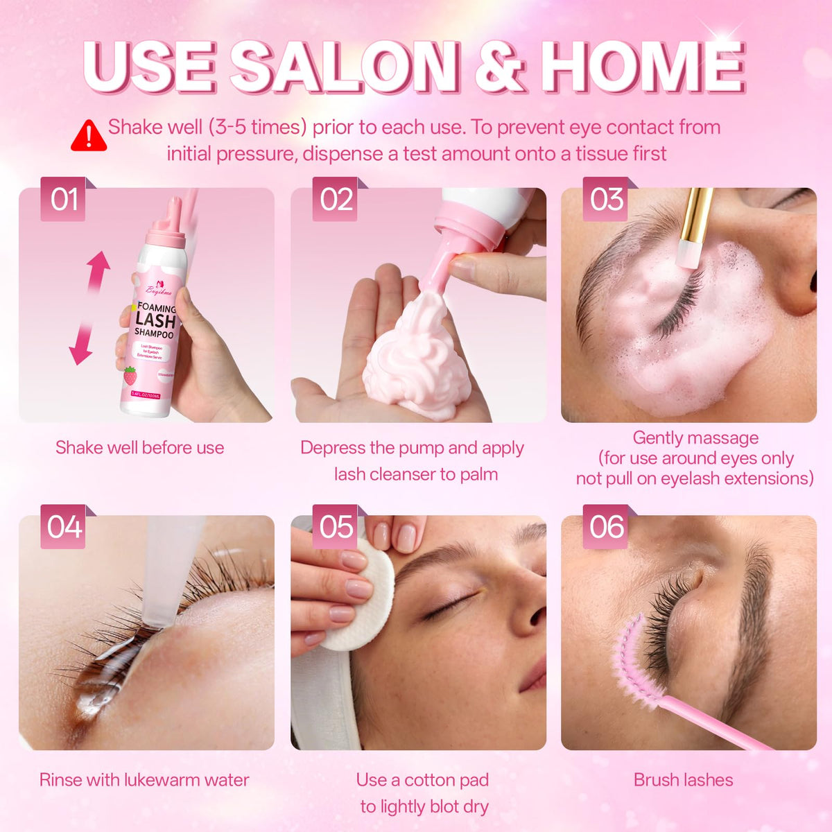 Buqikma Pink Foaming Lash Shampoo Kit Lash Extension Cleanser 3.4Fl Oz
