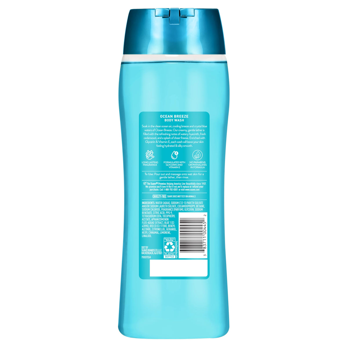 Suave Ocean Breeze Moisturizing Body Wash with Glycerin & Vitamin E, Hydrating Formula For Soft, Smooth Skin, Long Lasting Fragrance, 18 FL OZ