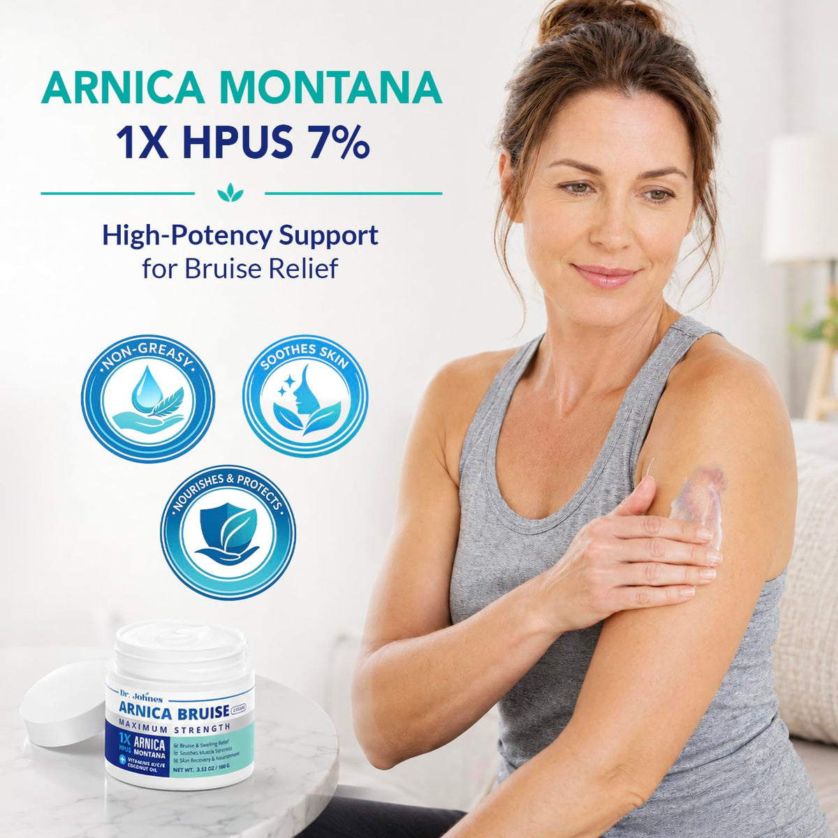 Dr. Johnes Arnica Bruise Cream Extra Strength Formula for Thin & Sensitive Skin with Arnica Montana HPUS & Vitamin K, Gentle Botanical Skin Care for Seniors and Everyday Care (3.53 Oz (Pack of 1))