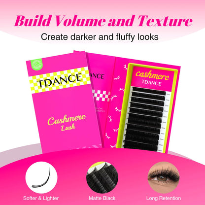 TDANCE Cashmere Volume Lash Extensions C CC D DD LD L B J M Curl 0.03-0.20 thickness 5-20mm, Super Matte Black Individual Eyelashes Tray, Professional Supplies for Lash Techs(0.03-CC,8-15mm)