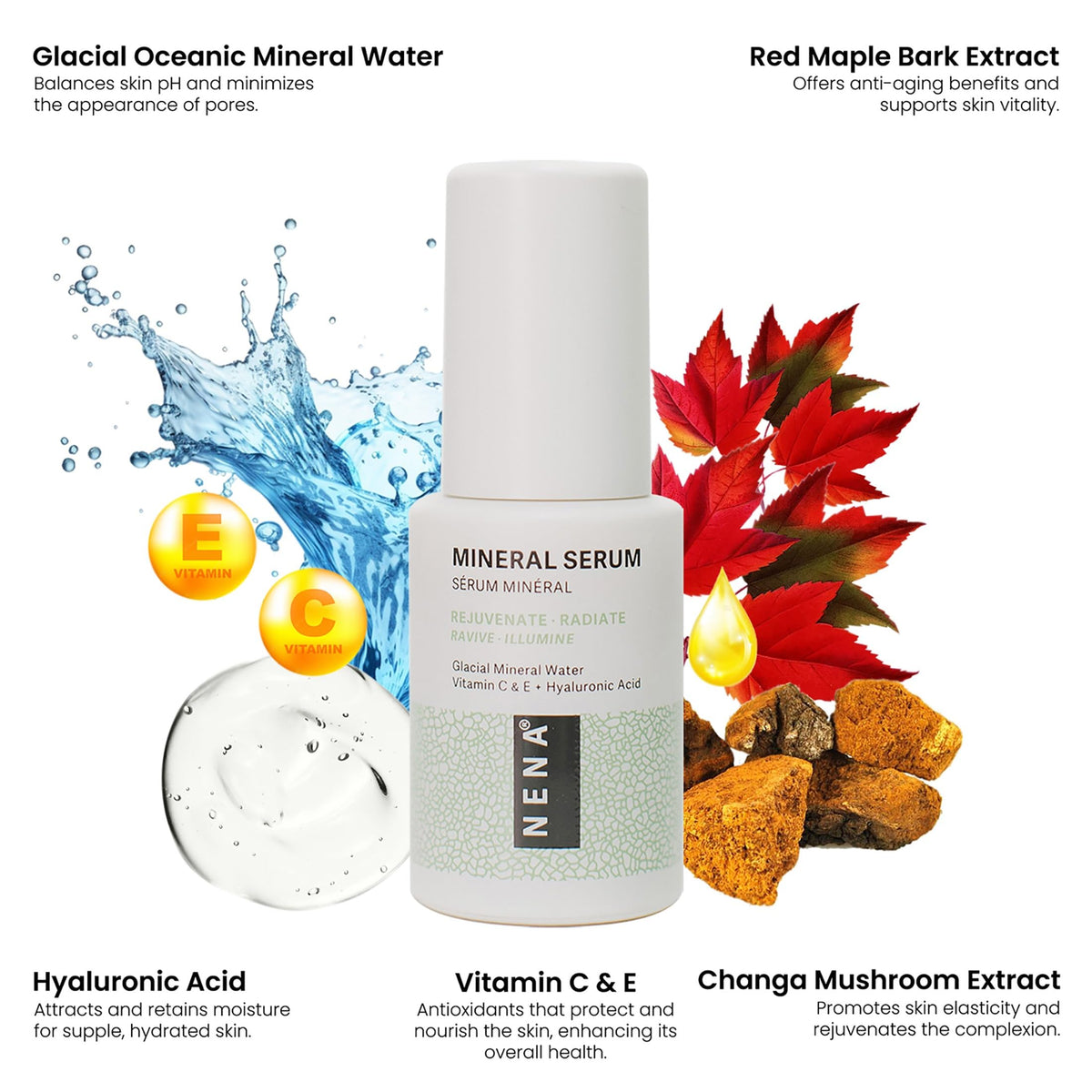 NENA Skincare Mineral Serum - Vitamin C Serum with Hyaluronic Acid - Face Lotion for Deep Hydration, Firmness and Elasticity - All Skin Types - 1 oz