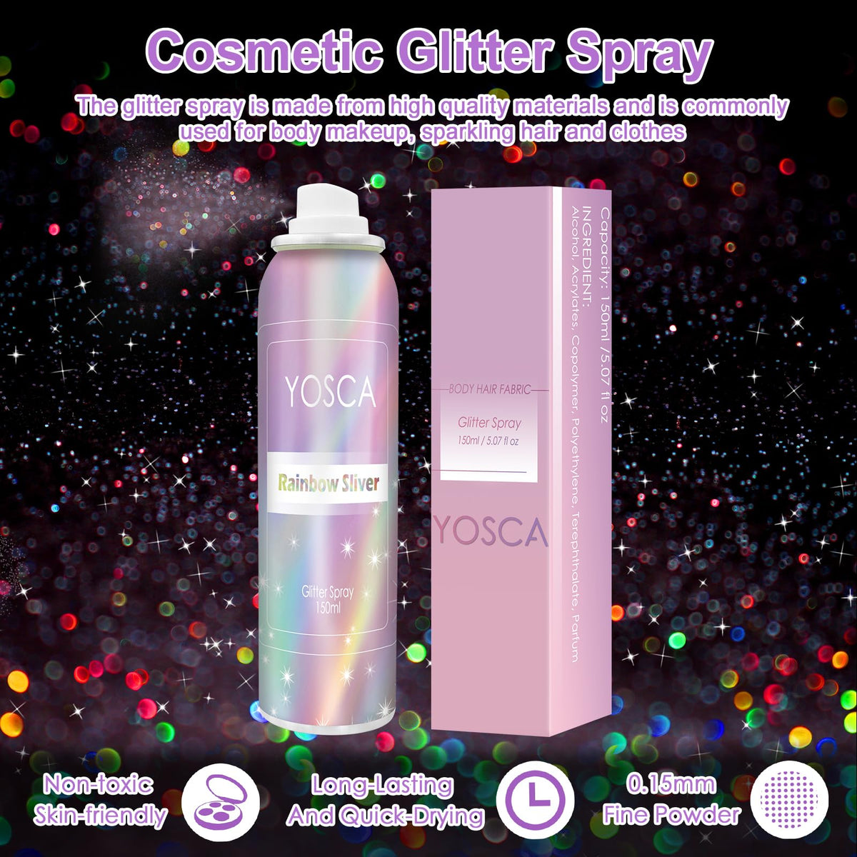 YOSCA Body Glitter Spray, 150ML Holographic Glitter Hairspray