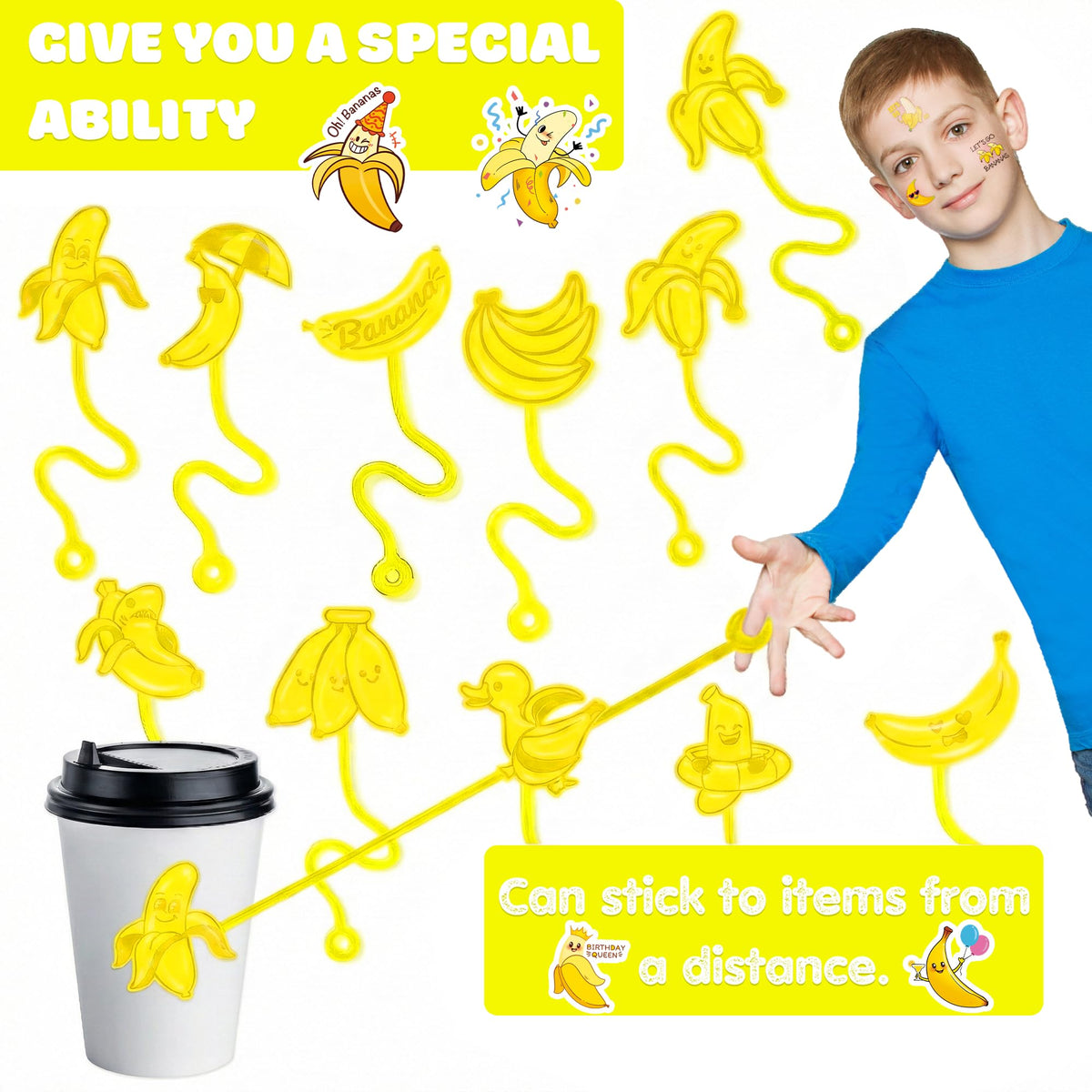 48PCS Banana Party Favors - 24 Temporary Tattoos & 24 Stick Hands