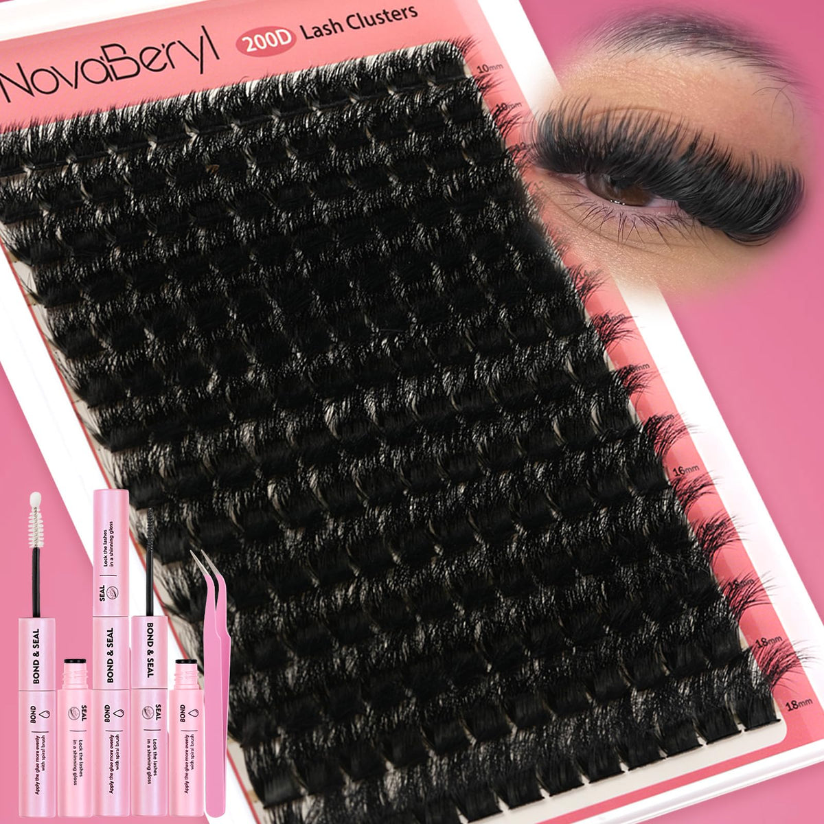 NovaBeryl Lash Clusters Kit, Fluffy 200D Thick Volume Lash Clusters 10–18mm, Individual Fluffy Cluster Lashes with Bond & Seal and Tweezers, DIY Eyelash Extension Kit