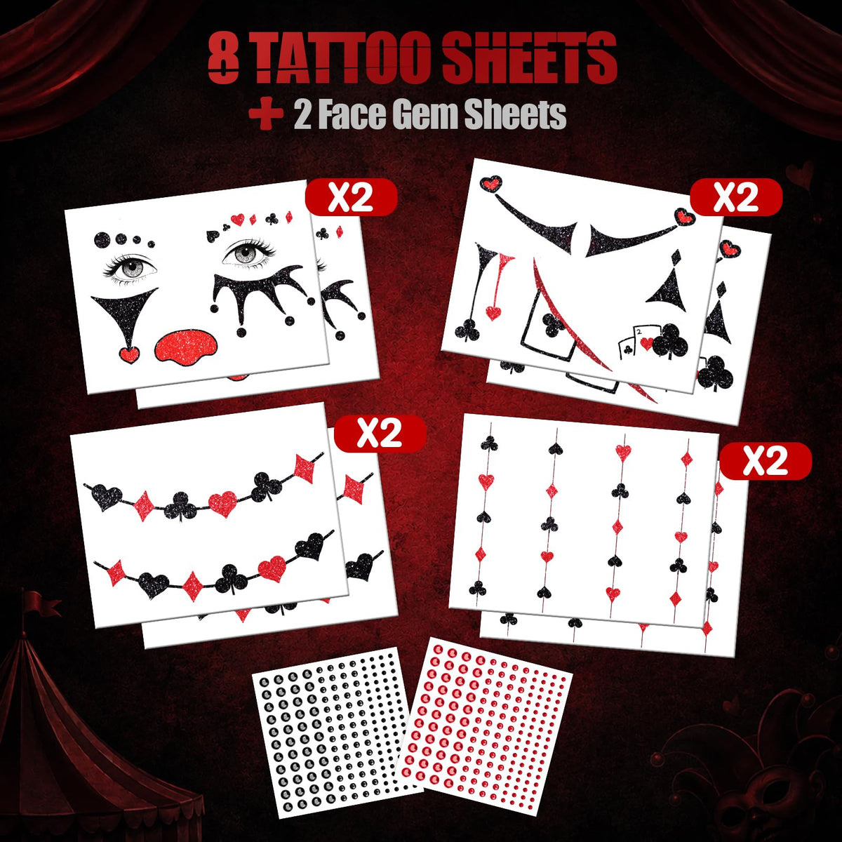 Halloween Clown Face Tattoos, Temporary Tattoos for Costume Makeup Cosplay