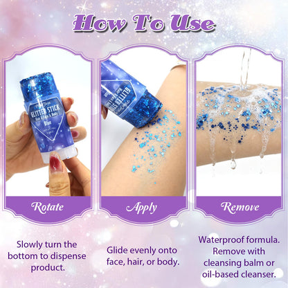 4Pcs Body Glitter Stick Set (Pink/Blue/Gold/Purple) Each 0.56oz