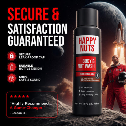 HAPPY NUTS Big Wood Body and Nut Wash - Moisturizing Men's Shower Gel, Bodywash with Deep Cleanse for Sensitive Skin - Men's Body Soap
