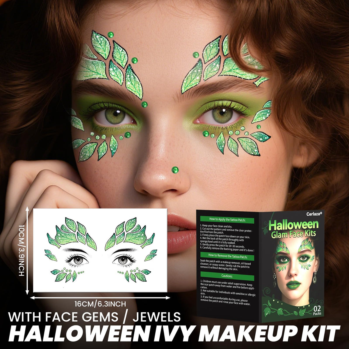 Halloween Leaf Face Makeup Temporary Tattoos+Green White Faces Gems