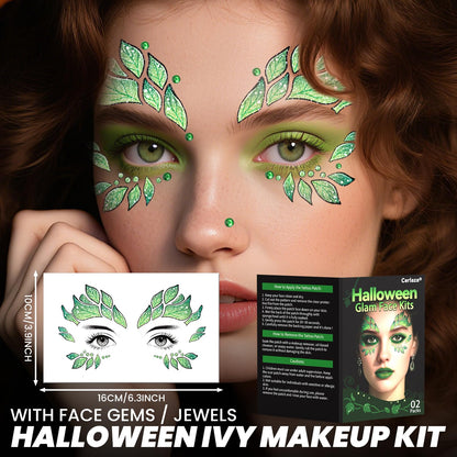 Halloween Leaf Face Makeup Temporary Tattoos+Green White Faces Gems