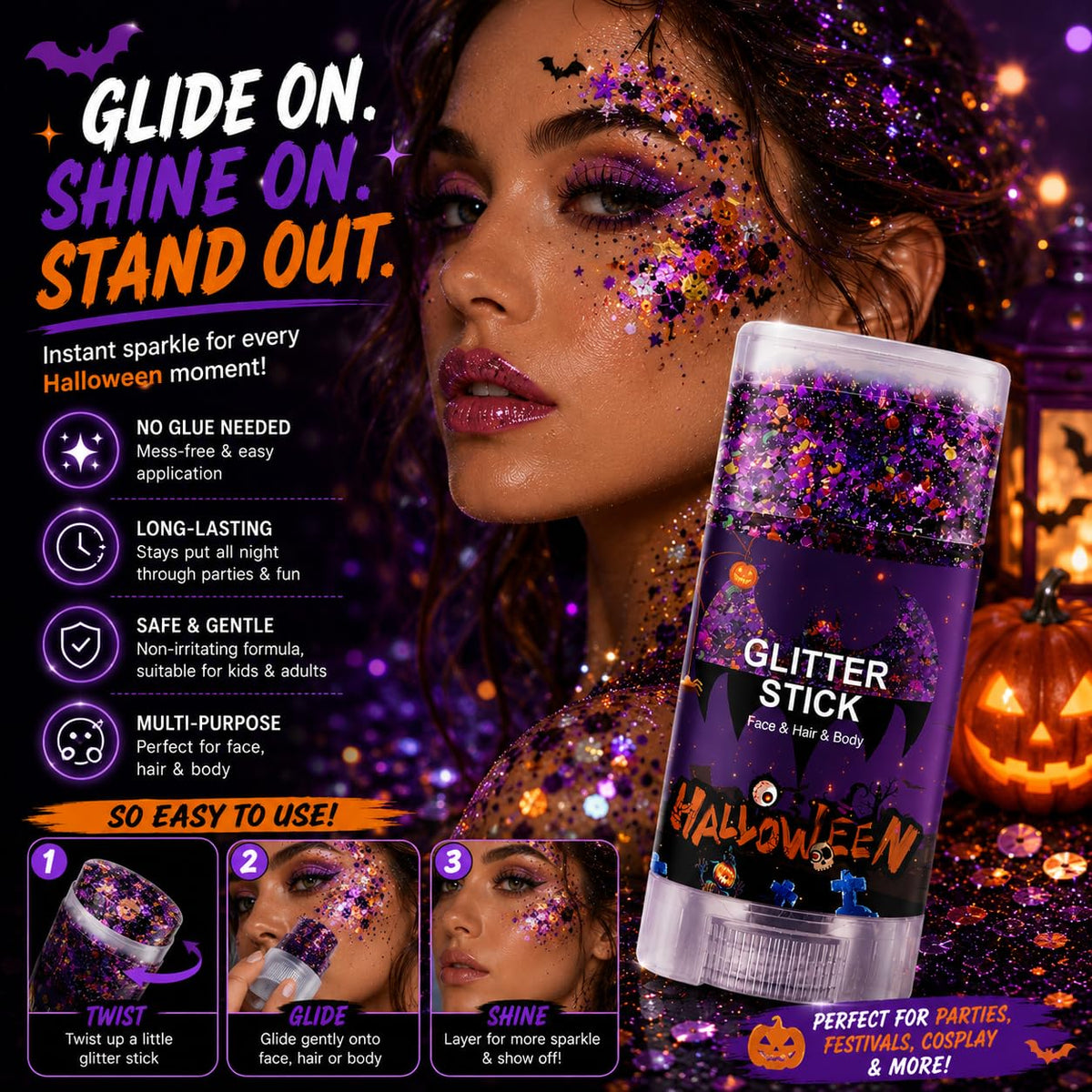 Halloween Body Glitter Stick, Black Orange Purple Sequin Hair Glitter Gel