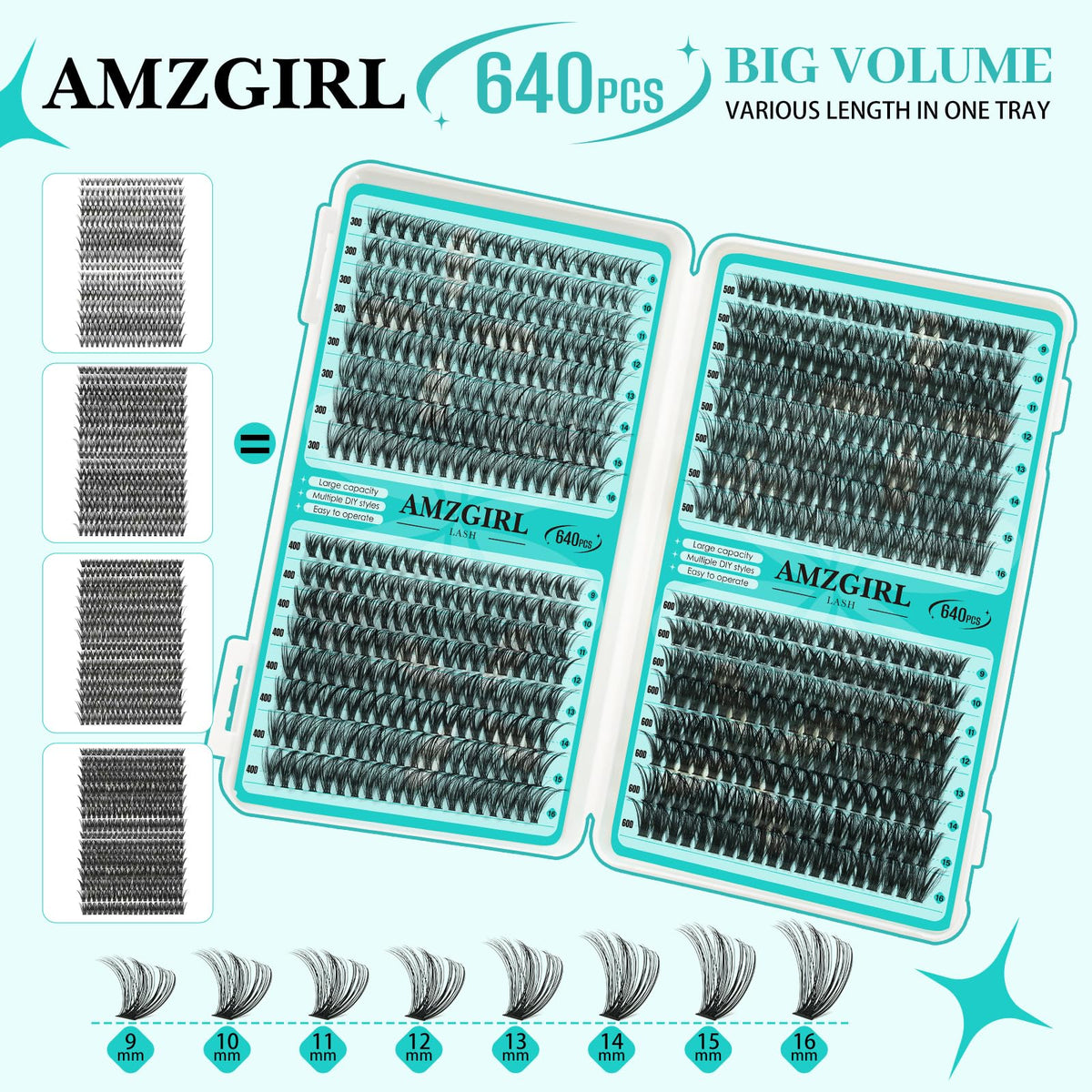 AMZGIRL Lash Clusters Kit 640Pcs, 9-16mm Mix Lashes, 30D+40D+50D+60D