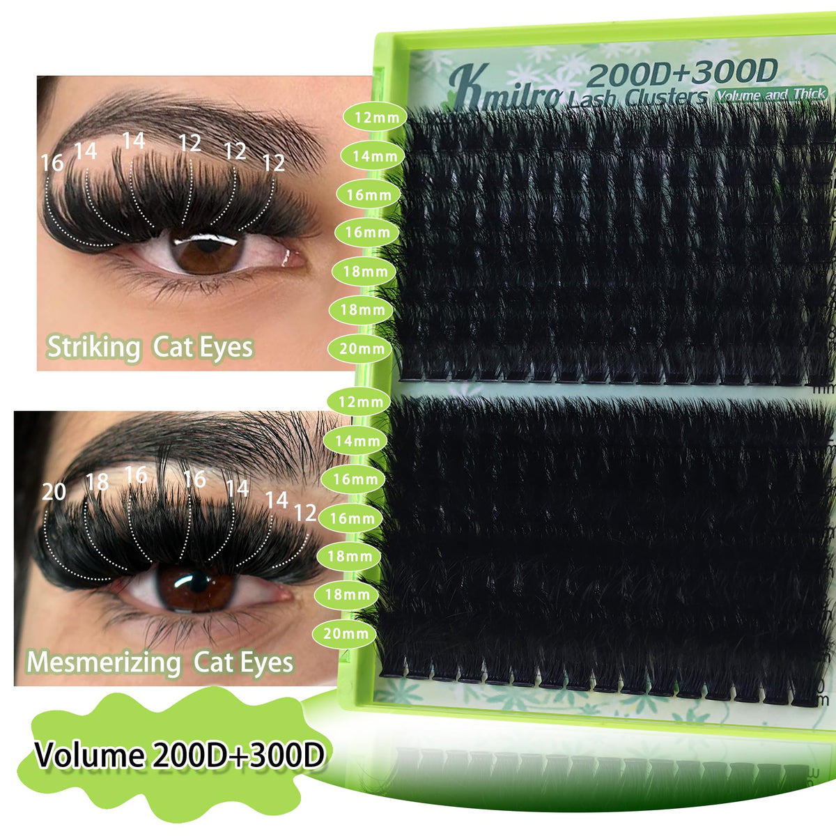 Kmilro Lash Clusters 200D+300D Eyelash Clusters 12-20mm Thick Volume Lash Extensions Wispy Individual Cluster Lashes DIY Eyelash Extensions Dramatic Full Look Salon Style False Eyelashes