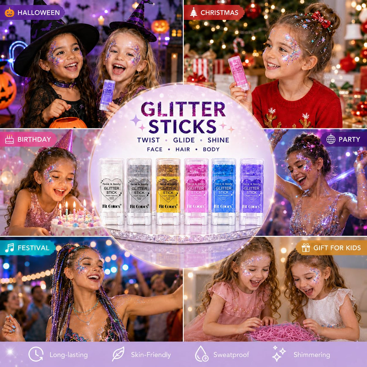 Glitter Stick 2 Pack, White & Purple Face Body Glitter Stick for Hair