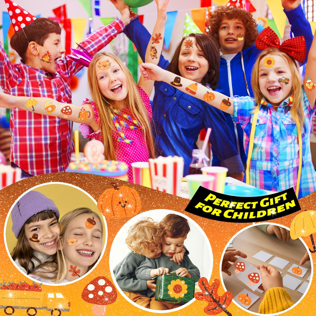 winthrop 120 Pcs Glitter Autumn Temporary Tattoos for Kids, Happy Fall