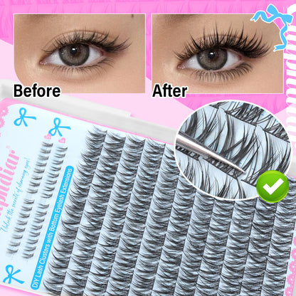 calphdair Natural Lash Clusters with Bottom Lashes DIY Wispy Cluster Eyelash Extensions C-curly Individual Lashes 11-13mm Short Eyelash Clusters Manga Cluster Lashes with Bottom Lash Extension 164pcs