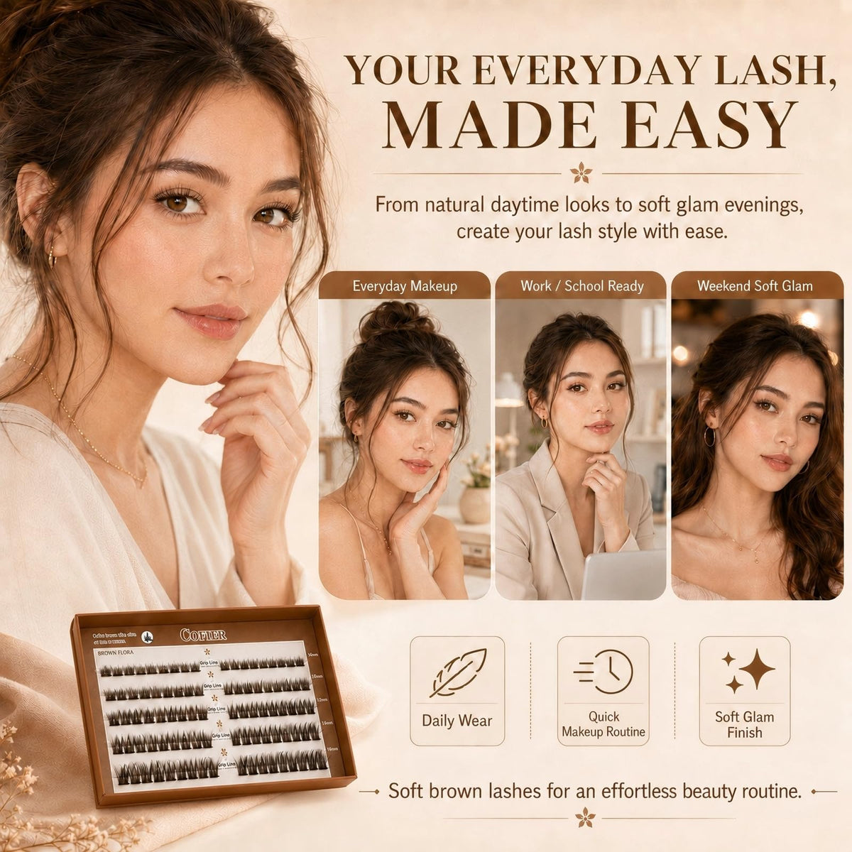 Pre Glued Wispy Lash Clusters Kit, 90 Pcs Individual Eyelash Clusters (Brown 8-16mm/C Curl) - Lash Extension Kit with Eyelashes Tweezers and Clips, Natural Fake Lashes No Glue Need, Beginners Friendly