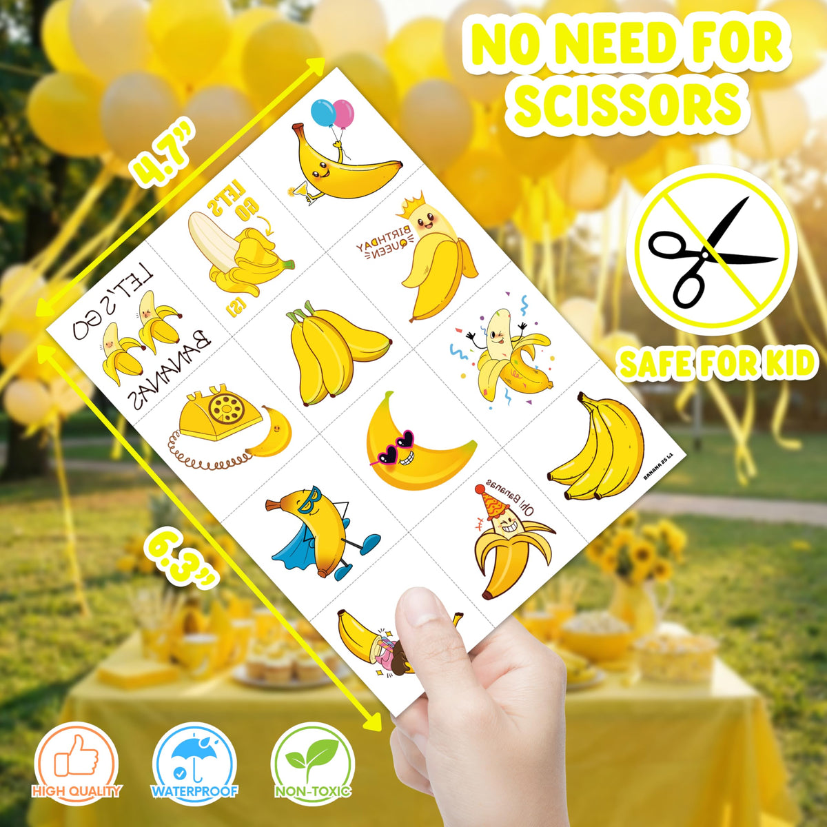 48PCS Banana Party Favors - 24 Temporary Tattoos & 24 Stick Hands