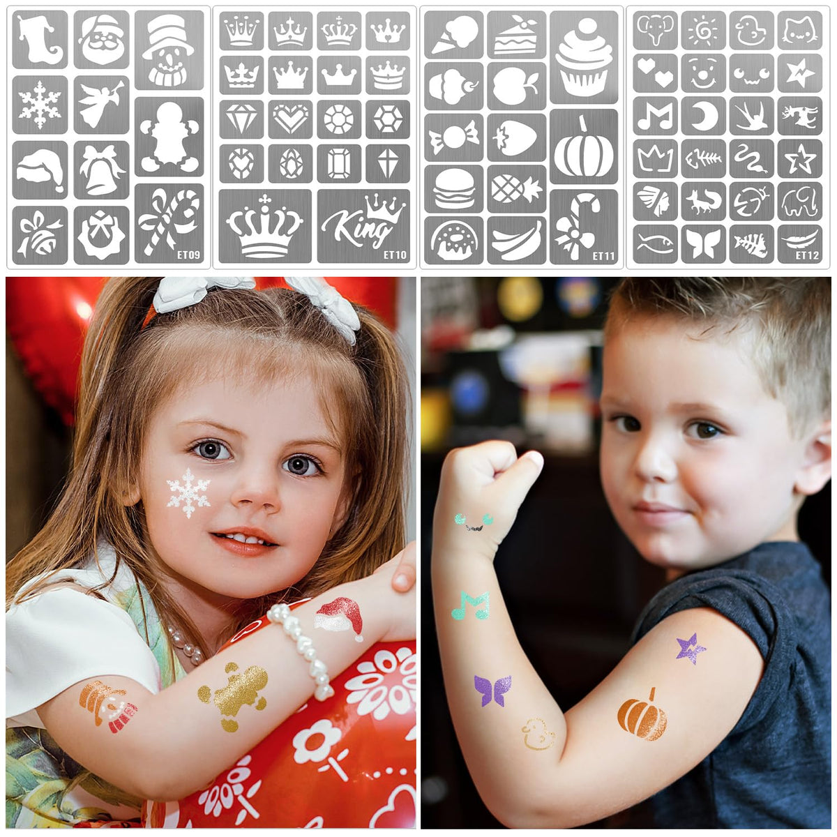 183 PCS Temporary Tattoos Stencils for Kids, Boys Girls Glitter Tattoo Stencils Kit, Body Face Paint Stencils Template for Kids School Show Birthdays Christmas Halloween Party Supplies