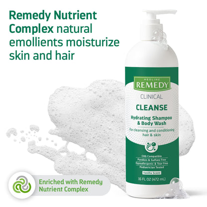 Medline Remedy Clinical Hydrating Shampoo & Body Wash (16 fl oz), Vanilla Scent, Cleanser, No-Rinse, Adults, Kids, Shower Or Bedside, Dimethicone, Sulfate Free